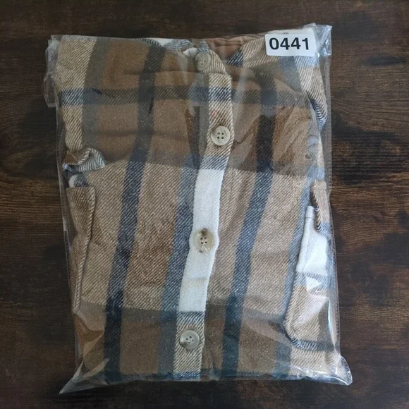 HAHA MAMA Women's Plaid Flannel Hooded Shirt Jacket Brown White Size L - Picture 7 of 7